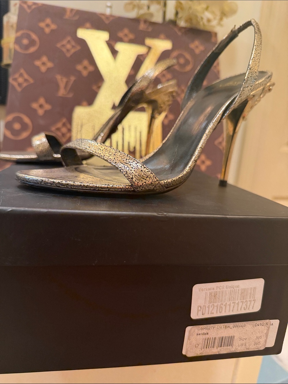 Louis Vuitton Metallic Gold Stiletto Slingback Sandals